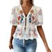 Women's Clothing Summer Fashion Women's Printed V Neck Tie Up Short Cardigan Shirt Ruffle Top For Formal & Casual For Women_ecoleips.com