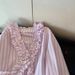 Women's Clothing Light Pink Three Dimensional Wood Ear Edge V Neck Striped Shirt Sweet Loose Lazy Shirt_ecoleips.com