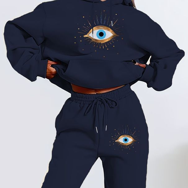 Women's Autumn And Winter Fashionable Casual Eye Print Thickened Fleece Warm Hooded Sweatshirt+sports Pants Set-807_ecoleips.com