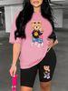 Summer Lady Casual Fashion Bear Cartoon Print Loose T-Shirt Shorts Two-Piece Sportswear Set For Daily Wear-151_ecoleips.com