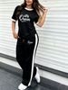 Women's Simple Sport 2-piece Set, Classic Print Colorblock Tee & Stretch Knit Side-stripe Drawstring Wide Leg Pants For Spring Summer Commute & Gym_ecoleips.com