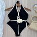 Women's Clothing"3D Floral Halter Swimsuit – Sculpting One-Piece With Adjustable Ties & High-Cut Legs"_ecoleips.com