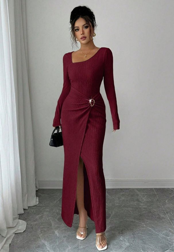2025 European American New Style Knitted Textured Long-sleeve Dress, Autumn And Winter Slim-fit Irregular_ecoleips.com