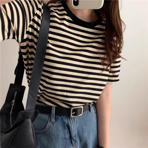 Striped, Fashionable And Stylish Pure Cotton T-Shirt, Korean Style, Color Contrast, Comfortable And Unique Short-Sleeved_ecoleips.com
