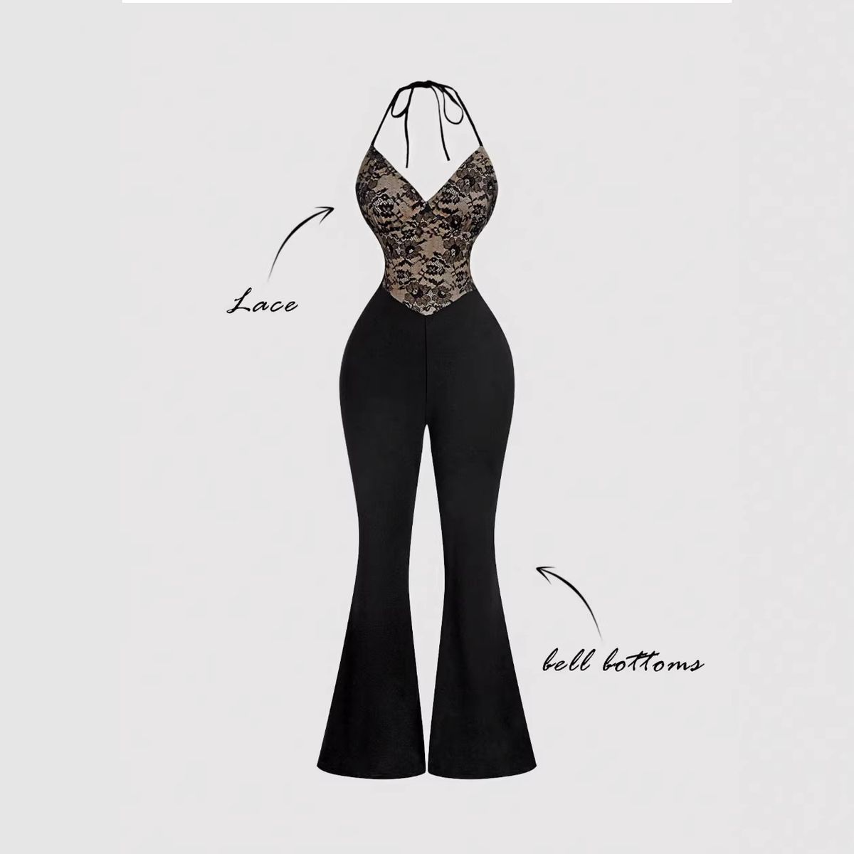 Women's Black Lace Trimmed Flared Jumpsuit Halter Neck Elegant European American 2026 Sexy Romper_ecoleips.com