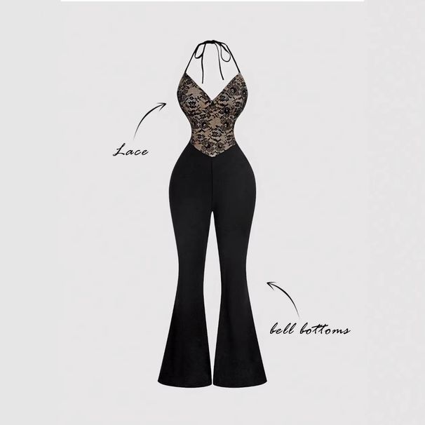 Women's Black Lace Trimmed Flared Jumpsuit Halter Neck Elegant European American 2026 Sexy Romper_ecoleips.com
