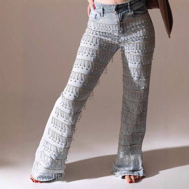Women's Clothing Fashion Diamond Tassel Design Straight Jeans_ecoleips.com