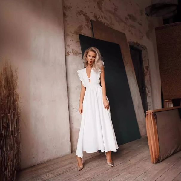 Women's Clothing Fashion Elegant Solid Color V Neck Sleeveless Slim Long Dress_ecoleips.com
