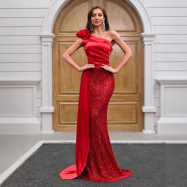 Enchanted Garden Evening Gown – One-Shoulder Sequin & Floral Appliqué Ball Groom With High Waist & Sweep Train For Debutante Balls, Gala Dinners_ecoleips.com