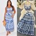 Women's Blue And White Porcelain Print Skirt Set Casual High Waist Mid-Length Pencil Skirt With Revealing Waist Camisole_ecoleips.com