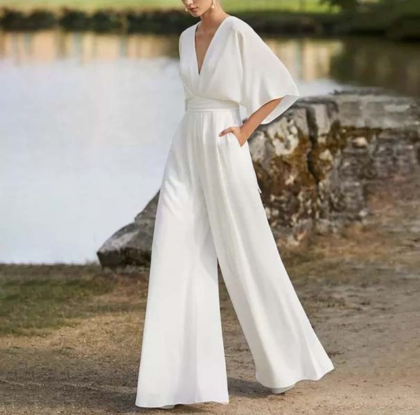 Modern Jumpsuit With Asymmetric Closure | Elegant Wide-Leg Romper For Work & Casual Wear Versatile Five-Thirds Sleeves_ecoleips.com
