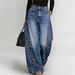 Women's Loose Fit Denim Jeans With Metal Grommet Details - Vintage Washed Blue & Black High-Rise Wide Leg Trousers For Casual Style_ecoleips.com