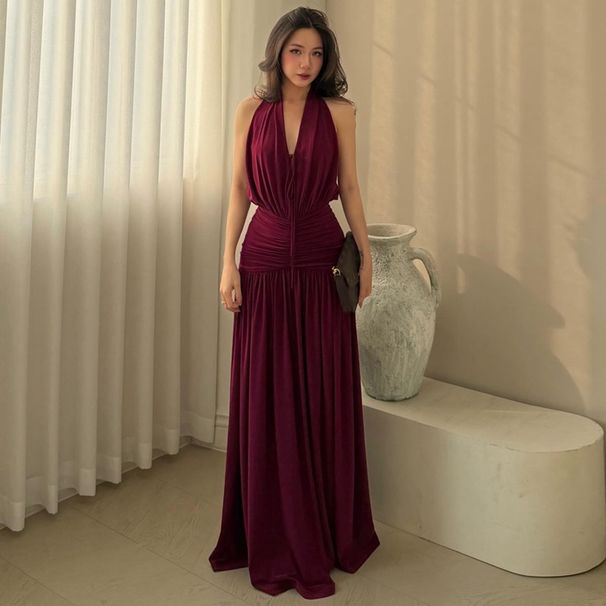 Women's Slimming Evening Dress European American Style V Neck Sleeveless Halter Neck Pleated Waist Sexy 2026 New_ecoleips.com
