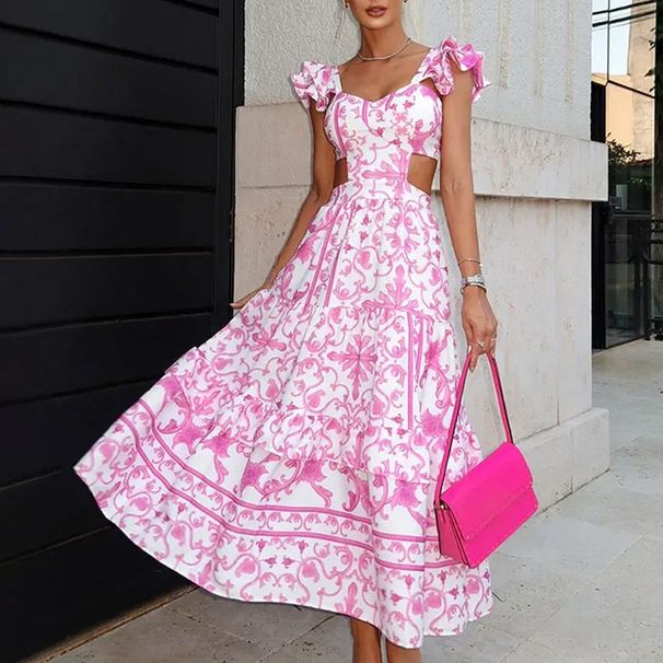 Elegant Floral Print Commuter Dress for Women with Flutter Sleeves And Cut out Waist Spring 2026 Regular Fit European American Export_ecoleips.com
