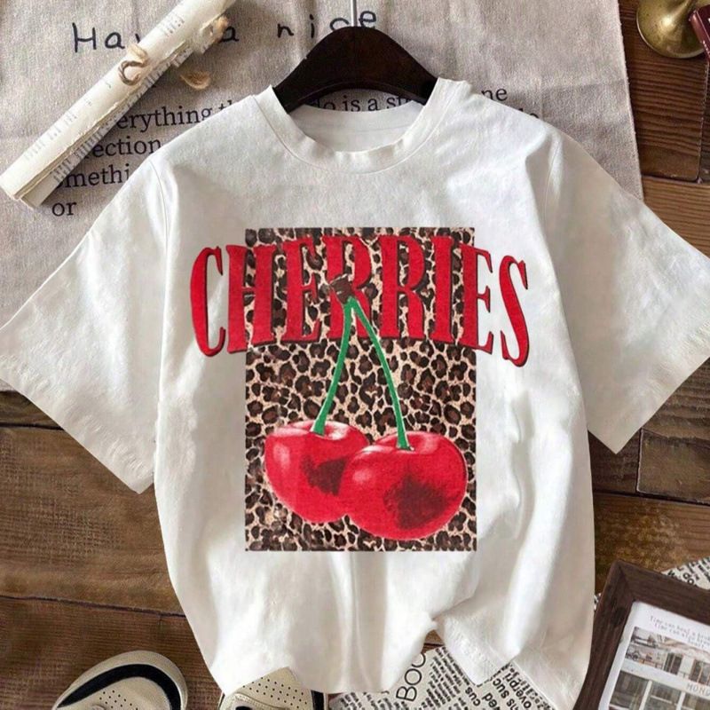 European And American Trade Round Neck Short Sleeve Leopard Print Cherry Letter Pattern Printed Summer New_ecoleips.com