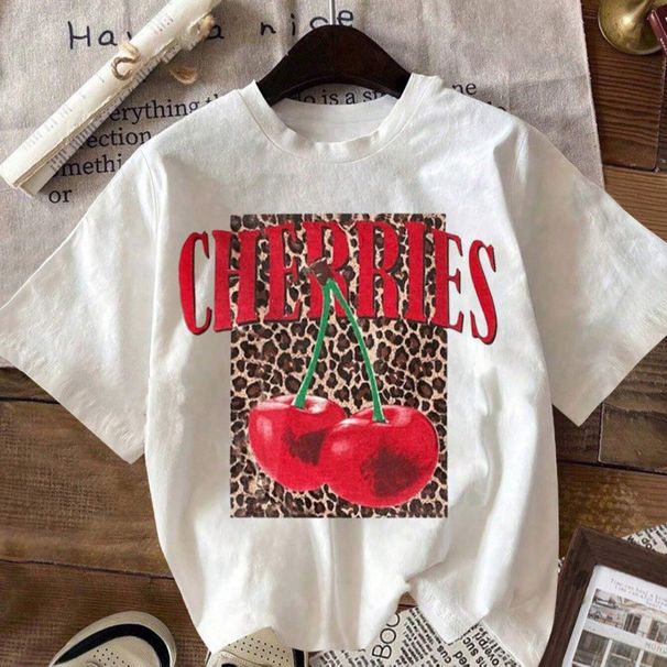 European And American Trade Round Neck Short Sleeve Leopard Print Cherry Letter Pattern Printed Summer New_ecoleips.com
