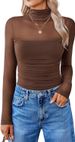 Women's Clothing New Solid Color Round Neck Mesh Splicing Perspective Long Sleeved Half High Collar Sexy Top_ecoleips.com