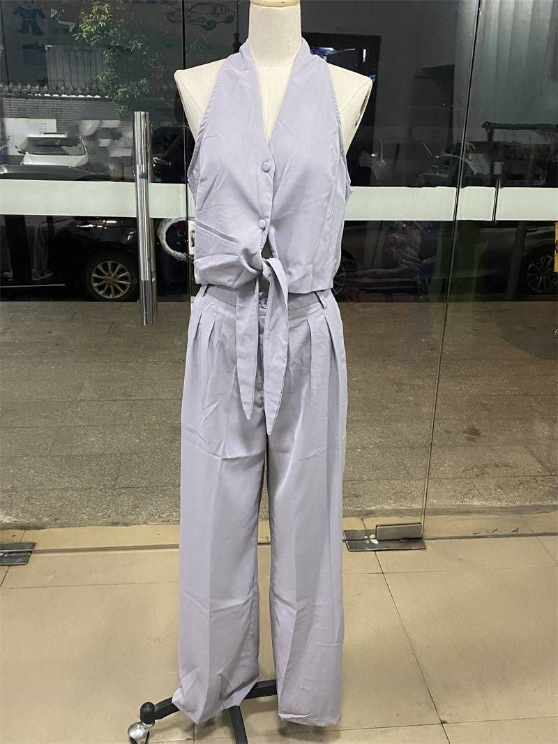 Women's clothing fashion temperament sleeveless hollow shirt high waist wide leg pants two-piece suit_ecoleips.com