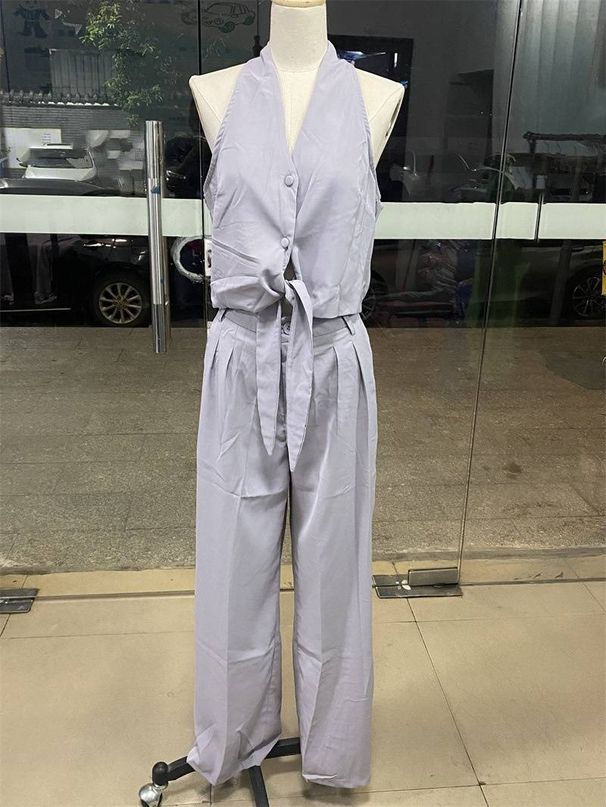 Women's clothing fashion temperament sleeveless hollow shirt high waist wide leg pants two-piece suit_ecoleips.com