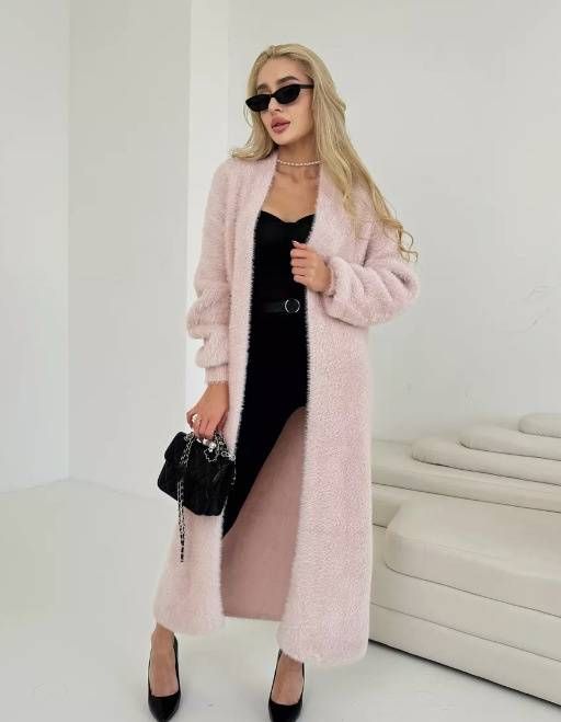 Women's Oversized Knit Cardigan Sweater - Long Cozy Faux Mink Fur Coat For Winter, Loose Fit, V-Neck, 3D Pattern, Boho Chic_ecoleips.com