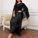 Elegant Plus Size Evening Dress With Silver Foil Accents & Cape Sleeves For Women – A-Line Long Dress In Black (Sizes 0XL-5XL)_ecoleips.com