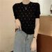 Women's French Style Rhinestone Knit T-Shirt Round Neck Short Sleeve Puff Sleeve Hollowed Out Pattern Heavy Duty New Summer Top_ecoleips.com