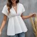 Voya Women's V-neck Bat Sleeve Loose Temperament T-shirt Spring New Style Pullover Solid Color Short Sleeved Top_ecoleips.com