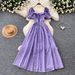 French Style Women's Long Dress Square Neck Puff Sleeve Striped Pattern Korean Summer Waist Cinching A-Line Skirt For Elegant Dates_ecoleips.com