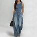 Women's High-Waisted Loose-Fitting Metallic Eyelet Design Hollowed out Denim Jumpsuit European American Street Style_ecoleips.com