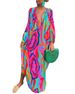 Women's Printed Pullover Long Sleeve Long Skirt V-neck Swing Loose Dress_ecoleips.com