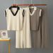 Women's Summer Two Piece Set Cross Border Style Simple Solid Color Loose Sleeveless Knit Top with Sporty Slim Fit Wide Leg Pants_ecoleips.com