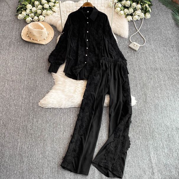 Women's Heavy Lace Stitched Temperament Shirt And Wide Leg Trousers Set Long Sleeved Elastic High Waist Two Piece Suit For Spring/Autumn/Summer_ecoleips.com