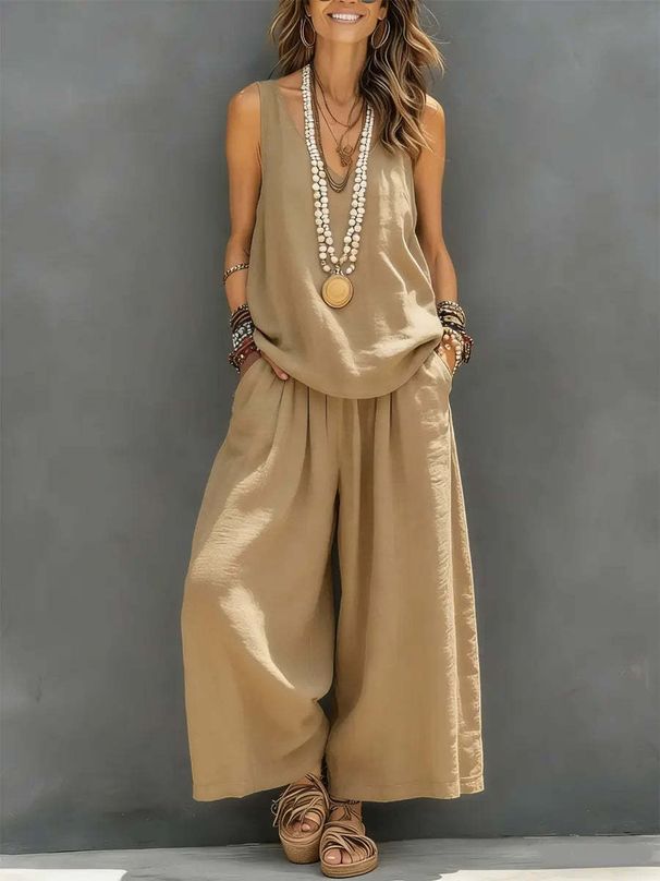 Breathable Cotton Linen Sleeveless Tank Top And Wide Leg Pants Set For Women, Casual Summer Outfit, Comfortable Two Piece Lounge Wear_ecoleips.com