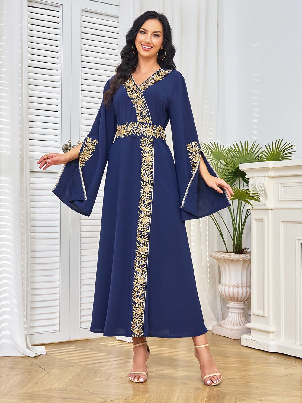 MT302 Muslim Abaya Women's Long Dress Dubai Robe New Beaded Gown With Waist Tie_ecoleips.com