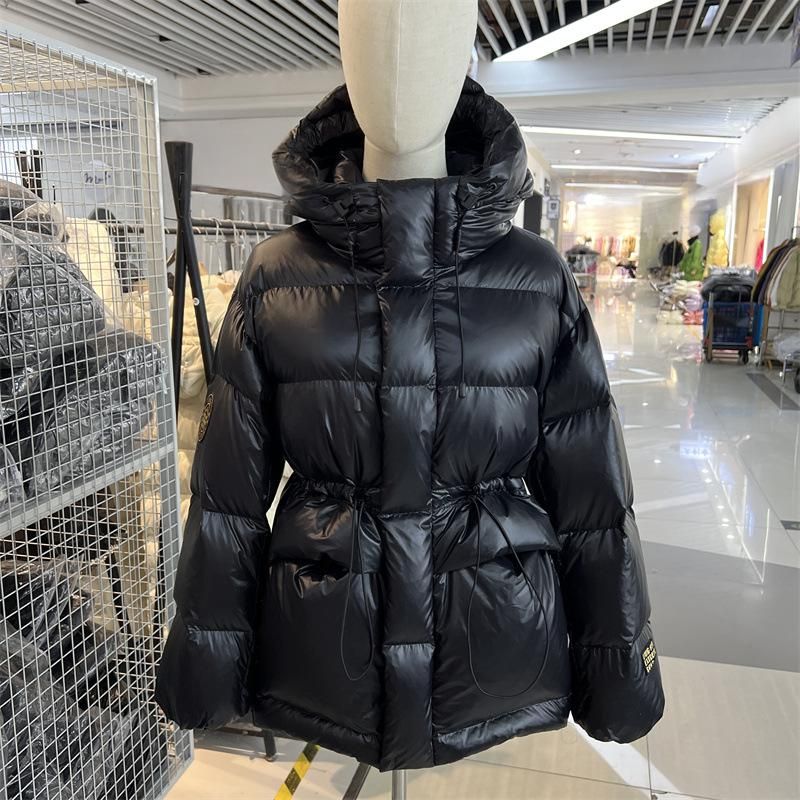 Women's Black Gold Short Down Jacket With Hood, Thickened Slim-Fit Waist Design, Winter Warm Coat, High-End White Goose Down, Casual & Stylish_ecoleips.com
