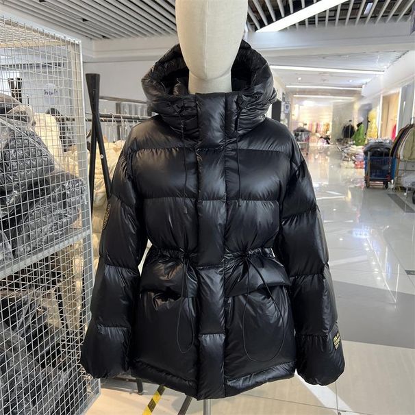 Women's Black Gold Short Down Jacket With Hood, Thickened Slim-Fit Waist Design, Winter Warm Coat, High-End White Goose Down, Casual & Stylish_ecoleips.com