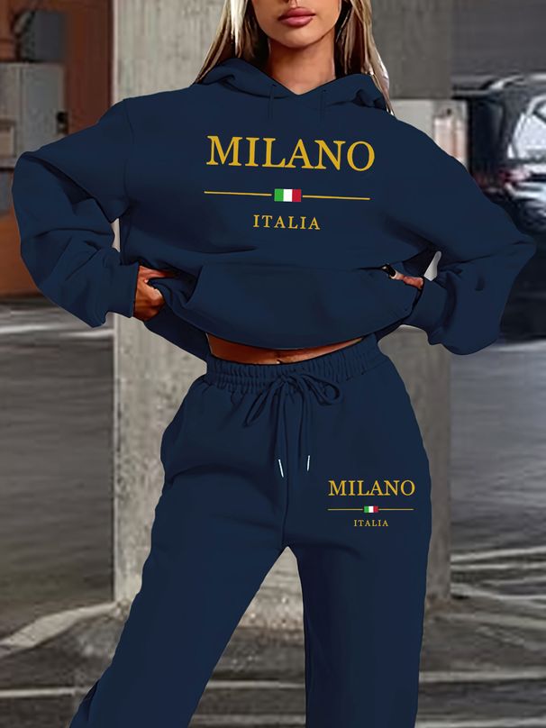 Women's Autumn/Winter Casual Fashion MILANO ITALIA Pattern Printed Thick Fleece Warm Hoodie+Sports Pants Set-715_ecoleips.com