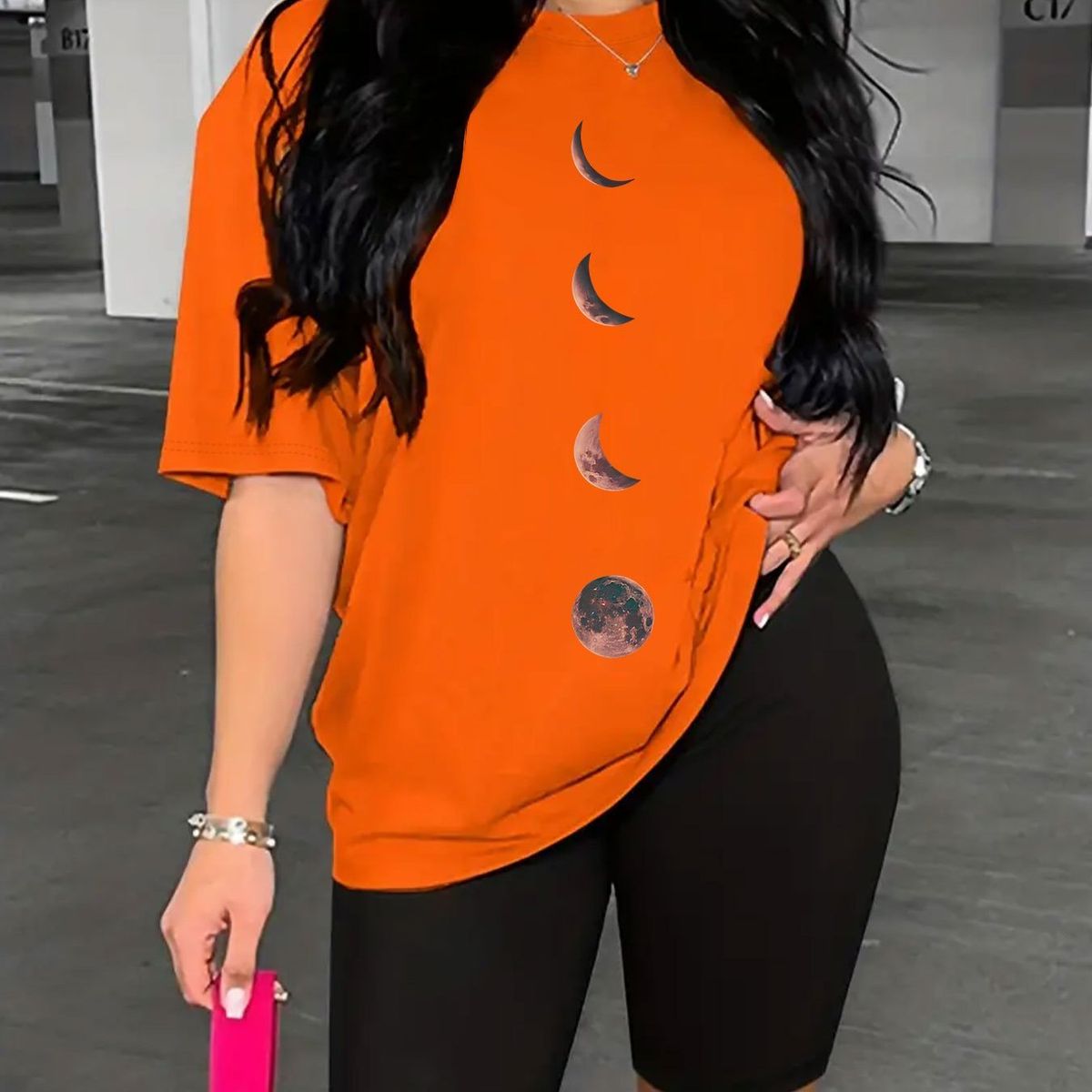 Summer Women's Casual And Fashionable Moon Print Loose T-shirt+shorts Two-piece Sportswear Suitable For Daily Wear-111_ecoleips.com
