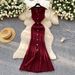 Women's Clothing Round Neck Sleeveless Knitted Dress Women's Slim-fit Slimming Metal-breasted Tight Hip Dress_ecoleips.com