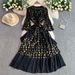 Women's Clothing Heavy Duty Gold Stamped Trumpet Sleeve Dress Bow Waist Pleated Ruffled Long Skirt_ecoleips.com