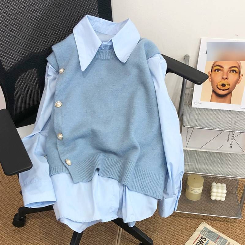 Women's Candy Colored Knitted Two Piece Set Sleeveless Vest And Shirt Polo Collar New Autumn Stylish Casual Clothing_ecoleips.com