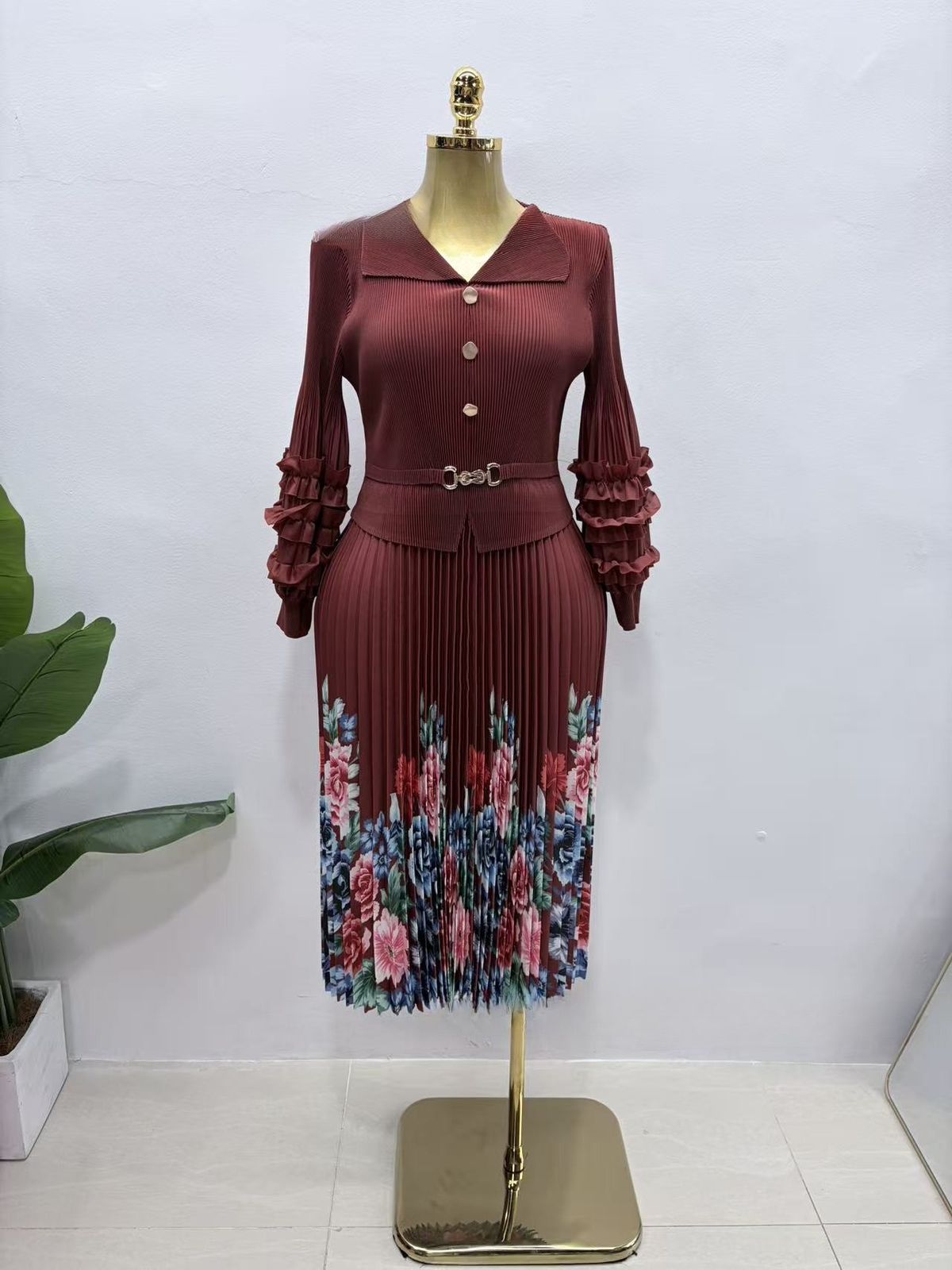 Women's Pleated Print Dress High-End Feel Elegant Asymmetrical V Neck New Style Clothing_ecoleips.com