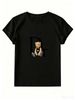 Women's Black And White Cotton T-Shirt, Cute Bear "Dr" Print, Casual Loose Fit Short Sleeve Tee For Summer Streetwear_ecoleips.com