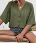 Curvy Dark Green Textured Batwing Sleeve Shirt, Deep V Neck Contrast Amber Button Loose Summer Blouse For Beach Date Festival_ecoleips.com