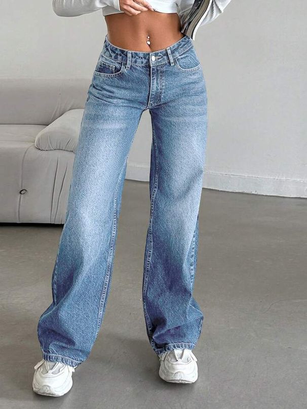 Women's High-Waisted Slimming Straight Leg Jeans Floor-Length Trousers Regular Fit Solid Color Fashion_ecoleips.com