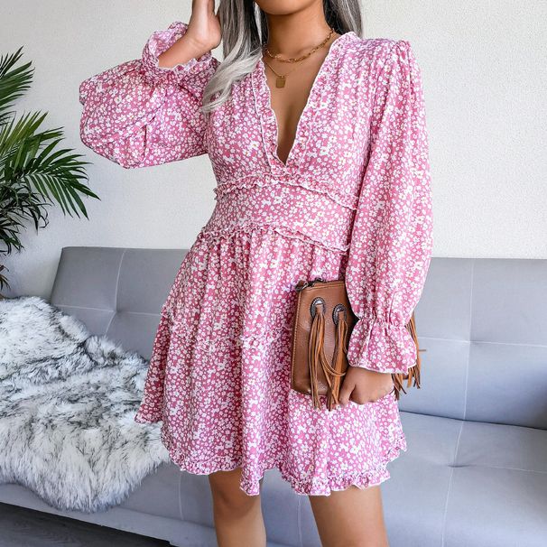 Clearance Sale: European And American Sexy V-neck Floral Ruffle Long-sleeve Chiffon Dress - Independent Station_ecoleips.com
