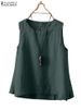 ZANZEA Women 2025 Summer Tank Tops Holiday Sleeveless Cotton Linen Casual Loose Beach Tees Oversized Solid Color Blouse Camis_ecoleips.com