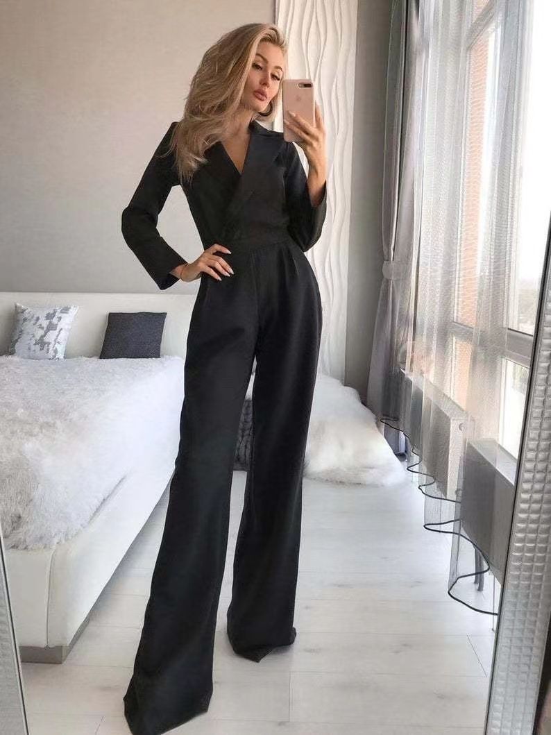 Women's long skirt jumpsuit slanted placket mid-waist temperament commuting jumpsuit_ecoleips.com