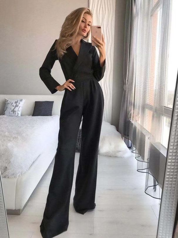 Women's long skirt jumpsuit slanted placket mid-waist temperament commuting jumpsuit_ecoleips.com