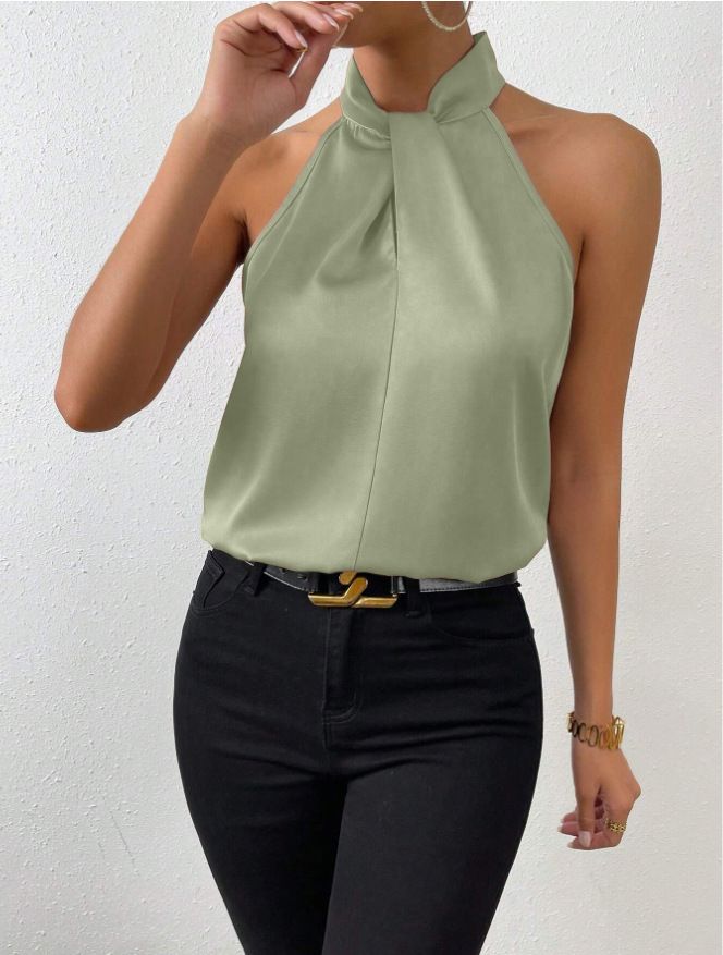Women's Clothing Halter Sleeveless Vest Satin Simulation Silk Top Shirt_ecoleips.com
